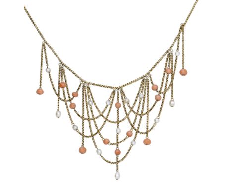 A late 19th century coral and seed pearl fringe necklace, the fine belcher-link chain leading to a festoon fringe frontispiec