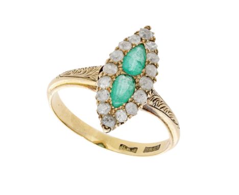 A late 19th century emerald and diamond cluster ring, the marquise-shaped cluster set with two pear-shaped emeralds within a 