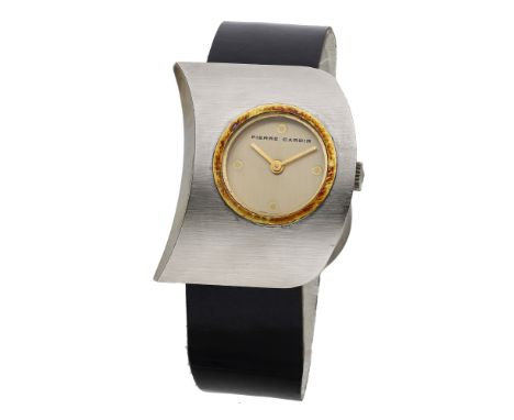 Pierre Cardin / Jaeger. A stainless steel and gold plated asymmetrical wristwatch, PC117, Espace collection, circa 1971. Move
