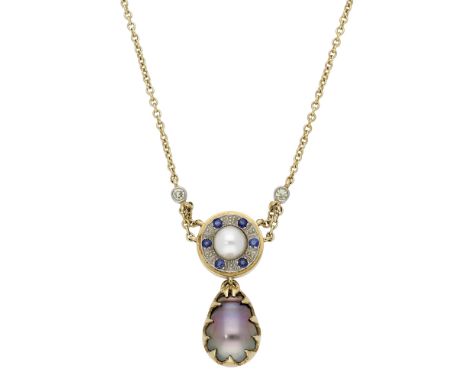 A cultured pearl, diamond and sapphire pendant necklace by Gerald Benney, 1997, the pear-shaped cultured pearl of black tint 