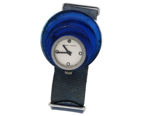 Pierre Cardin / Jaeger. A stainless steel and blue acrylic asymmetric wristwatch, PC112, Espace Collection, circa 1971. Movem