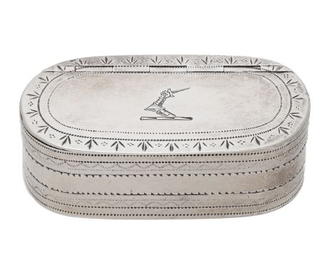 A George III silver snuff box, of rectangular form with rounded corners, bright-cut engraved, the lid centred with a crest, w