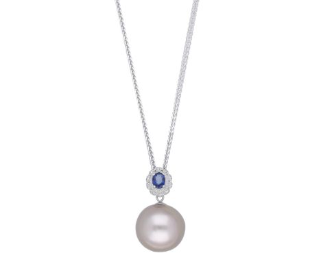 A cultured pearl, sapphire and diamond pendant on chain, the cultured pearl of pink tint, measuring approximately 12mm, benea
