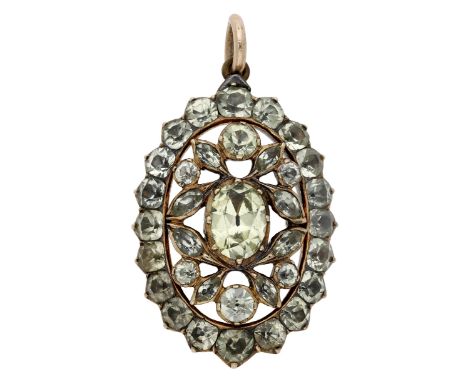 A chrysoberyl pendant, converted from a late 18th-19th century jewel, designed as an openwork plaque set throughout with vari