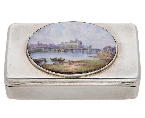 A Victoria silver snuff box, of plain rectangular form, the lid with applied oval enamelled scene possibly depicting Saumur v