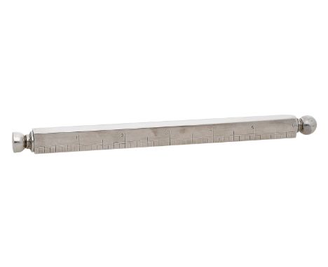 A late Victorian/Edwardian silver ruler with propelling pen and pencil, the calibrated ruler of square section, the terminals