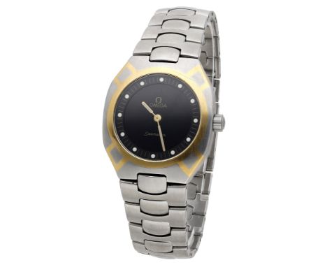 Omega. A stainless steel and gold cushion-form bracelet watch, ref. 386.0822, Seamaster Polaris, circa 1990. Movement: quartz