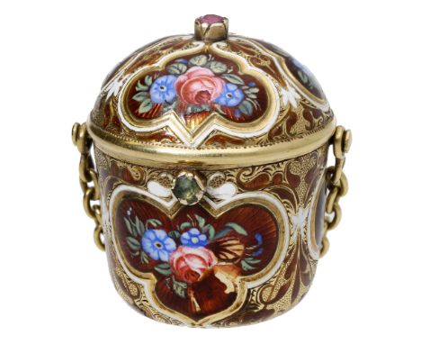 A gold and enamel vinaigrette, circa 1820, in the form of a basket with hinged lid, suspended from a gold chain, the sides, b