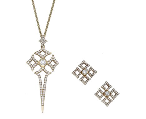 A diamond ‘Gimlet’ pendant and earring suite by Theo Fennell, of openwork geometric design, set throughout with brilliant-cut
