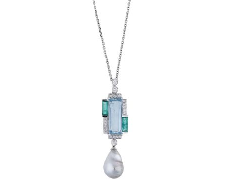 A platinum and gem-set pendant, of geometric design, the step-cut aquamarine set within a millegrain surround of brilliant-cu