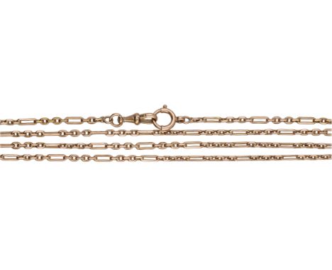 A gold guard chain, the fetter-link chain to bolt ring and swivel hook clasp, length approximately 194cm.  £1,200-£1,500  ---