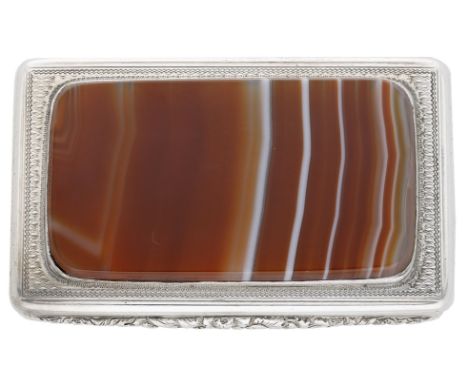 A William IV silver and agate snuff box, of rectangular form, the lid inset with an agate panel, with engine-turned sides and