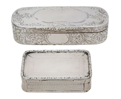 Two 19th century silver snuff boxes, the first of rectangular form with rounded corners, decorated with vacant reserves, C-sc
