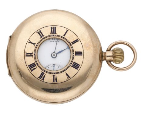 J. W. Benson. A gold half-hunting cased watch, 1928. Movement: lever escapement, 15 jewels, no. 19383. Dial: white enamel, Ro