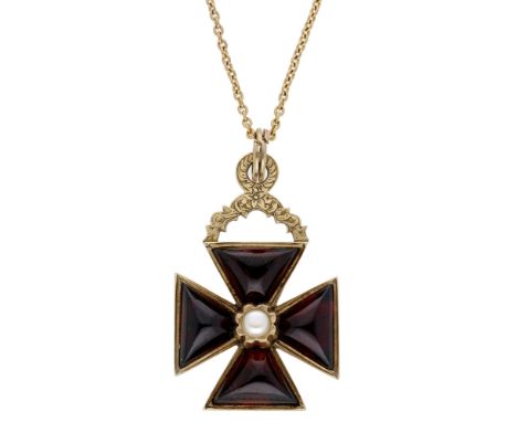 An early / mid 19th century garnet cross pendant, the Maltese cross set with four garnet cabochons and centred with a half-pe