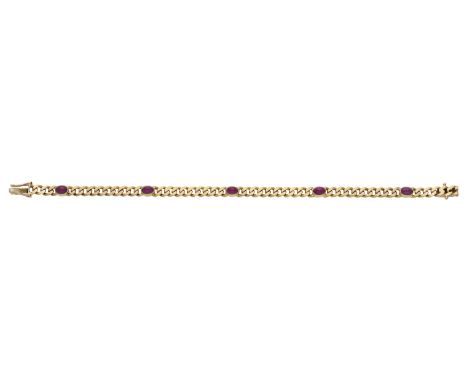 A ruby bracelet, the curb-link chain collet-set with oval ruby cabochons, stamped ‘585’, maker’s mark, numbered, length 20cm.