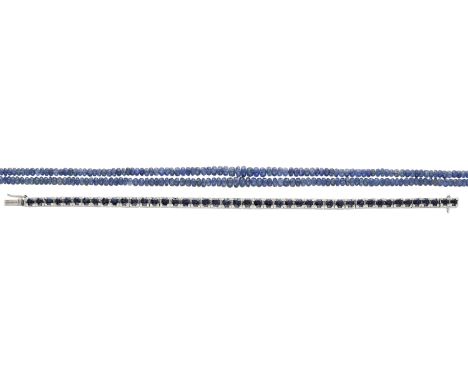 A sapphire bead necklace and sapphire line bracelet, the graduated double strand of faceted sapphire beads, together with an 