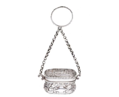 A Victoria silver ‘castle-top’ reticule vinaigrette, the hinged lid with die-struck view of Windsor Castle, enclosing silver 