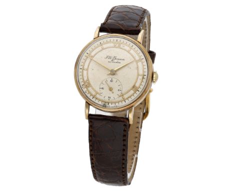 J. W. Benson. A gold wristwatch, 1958. Movement: cal. C449536, manual winding, 16 jewels. Dial: silvered, gilt chapter ring w