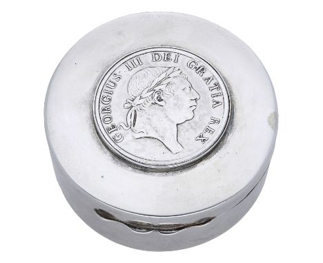 A late Victoria silver snuff box, of plain circular form, the lid inset with George III three shilling bank token, 1815, shap