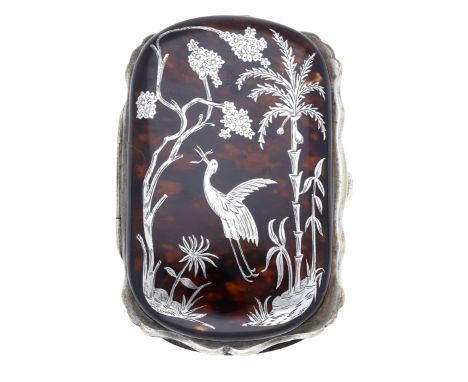 A Victorian tortoiseshell purse, the front and back with tortoiseshell panels, the front inset with a crane amidst trees and 
