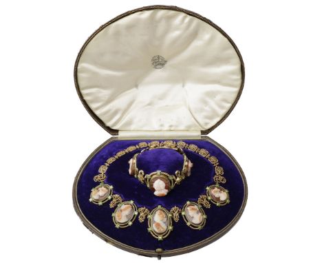 A hardstone cameo bracelet and necklace suite, 19th century, the bracelet centred with an oval cameo signed ‘GIROMETTI‘ carve