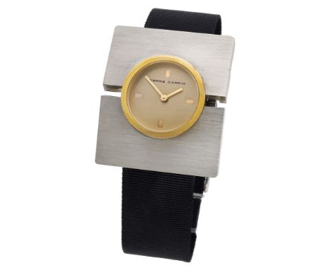 Pierre Cardin / Jaeger. A stainless steel and gold plated rectangular wristwatch, PC120, Espace collection, circa 1971. Movem
