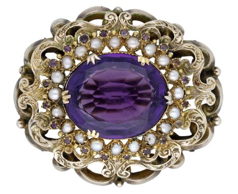 A late 19th century amethyst brooch, the oval mixed-cut amethyst set within a surround of seed pearls and circular-cut amethy