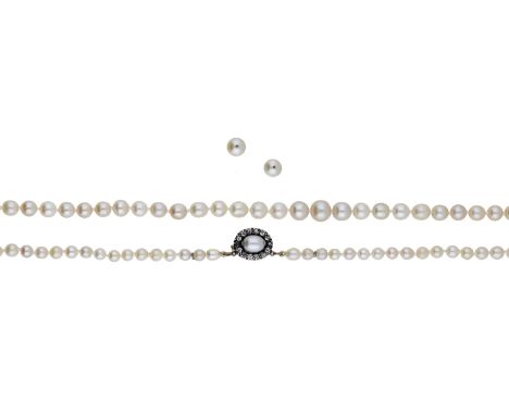 A cultured and simulated pearl necklace and a pair of ear studs, the single row of cultured and simulated pearls to a diamond