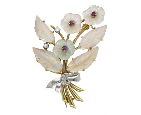 An opal, ruby and diamond floral spray brooch, 1989, realistically modelled, the carved opal spray with ruby and diamond high