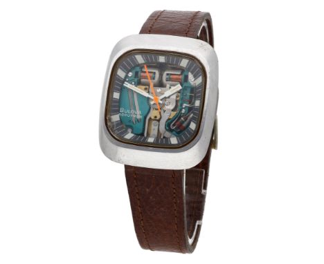 Bulova. A stainless steel cushion-form electronic wristwatch, Ref. 7387, Accutron Spaceview, circa 1973. Movement: electronic