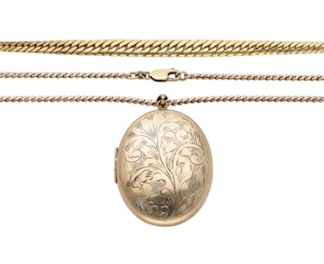 A graduated curb-link necklace, stamped ‘750’, together with a 9ct gold fancy-link chain suspending an oval locket, both with