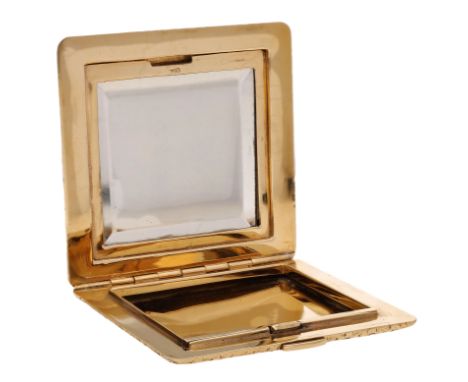 A mid 20th century compact, of square form, both sides with engraved flowerhead decoration, opening to reveal a powder compar