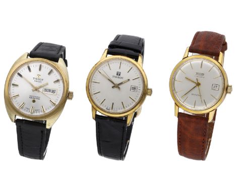 Tissot. Three gold plated wristwatches, circa 1970. Movements: 1st: automatic; 2nd: manual; 3rd: manual. Dials: silvered, bat