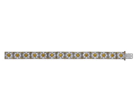A paste bracelet, the square links each set with a circular-cut white and yellow paste flowerhead, mounted in silver, stamped