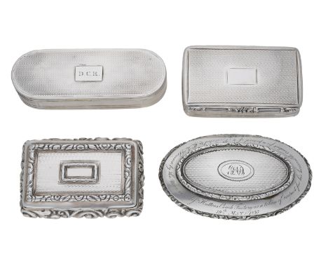 Four 19th century silver snuff boxes, the first of oval elliptical form, engine-turned, with foliate and floral borders, bear