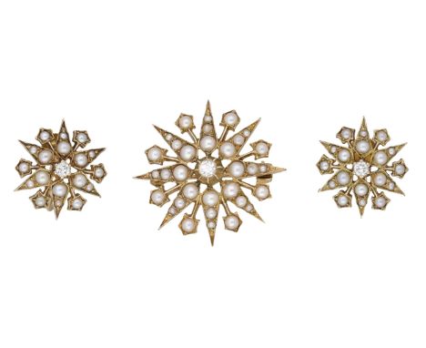 A star brooch/pendant and earring suite, circa 1900, the brooch set throughout with graduated seed pearls and centred with a 