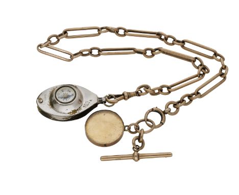 An early 20th century Albert chain, the 9ct gold fetter-link Albert chain suspending a compass and a glazed George III spade 