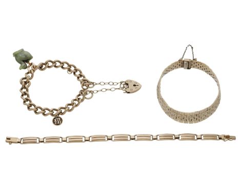 Three bracelets, comprising a 9ct gold curb-link bracelet suspending a carved hardstone duck and Chinese character charm, tog