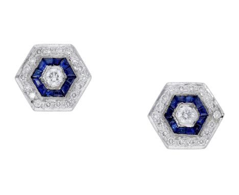 A pair of sapphire and diamond ear studs, the hexagonal-shaped clusters set throughout with brilliant-cut diamonds spaced by 