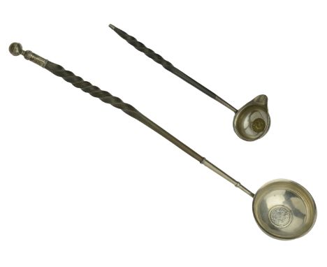 Two George III silver toddy ladles, the first inset with a George III third guinea, 1808 and with lipped bowl, the second ins