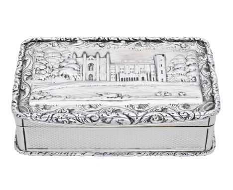 A William IV silver ‘castle top’ snuff box, of rectangular form, the  lid with die-stamped view of Newstead Abbey, the sides 