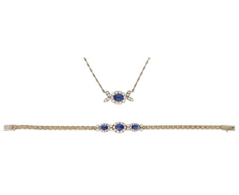 A sapphire and diamond bracelet and necklace by Van Cleef & Arpels, the bracelet set with three clusters of sapphire cabochon