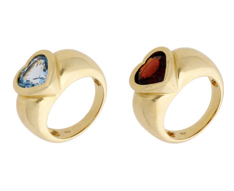 A pair of gem-set rings, each set with a heart-shaped blue topaz or garnet in a rubover setting, to a tapering bombé hoop, st