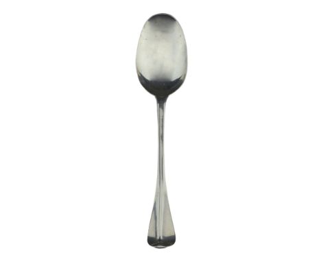 Guernsey: a George II silver Hanoverian pattern dessert spoon, with ridged stem and rat tailed bowl, the engraved initials ‘E