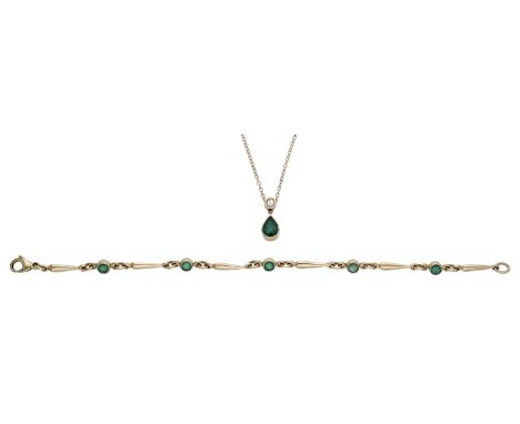 A 9ct gold emerald bracelet and an emerald and diamond pendant on chain, the bracelet set throughout with circular-cut emeral