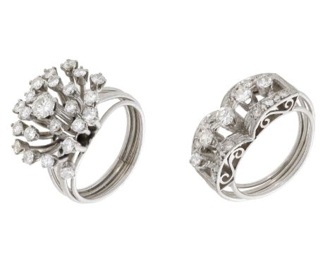 Two diamond rings, the first of cluster design, set throughout with brilliant-cut diamonds, the second set with a row of simi