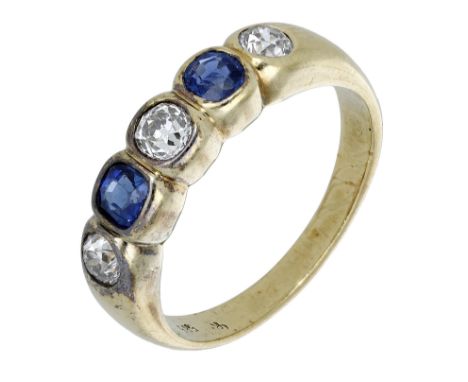 A sapphire and diamond ring, collet-set with an alternating row of cushion-shaped sapphires and old-brilliant-cut diamonds, t