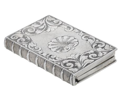 A Victoria silver vinaigrette modelled as a book, the cover with central initialled cartouche, the engine-turned ground withi