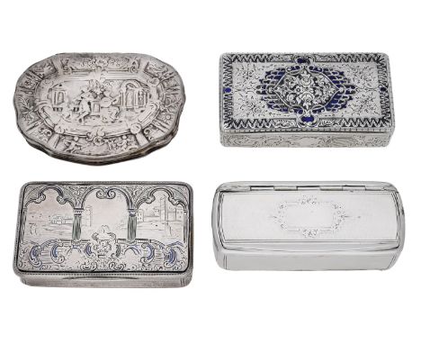 Four French silver snuff boxes, the first mid 18th century, of cartouche form, the cover and base chased with figural scenes,